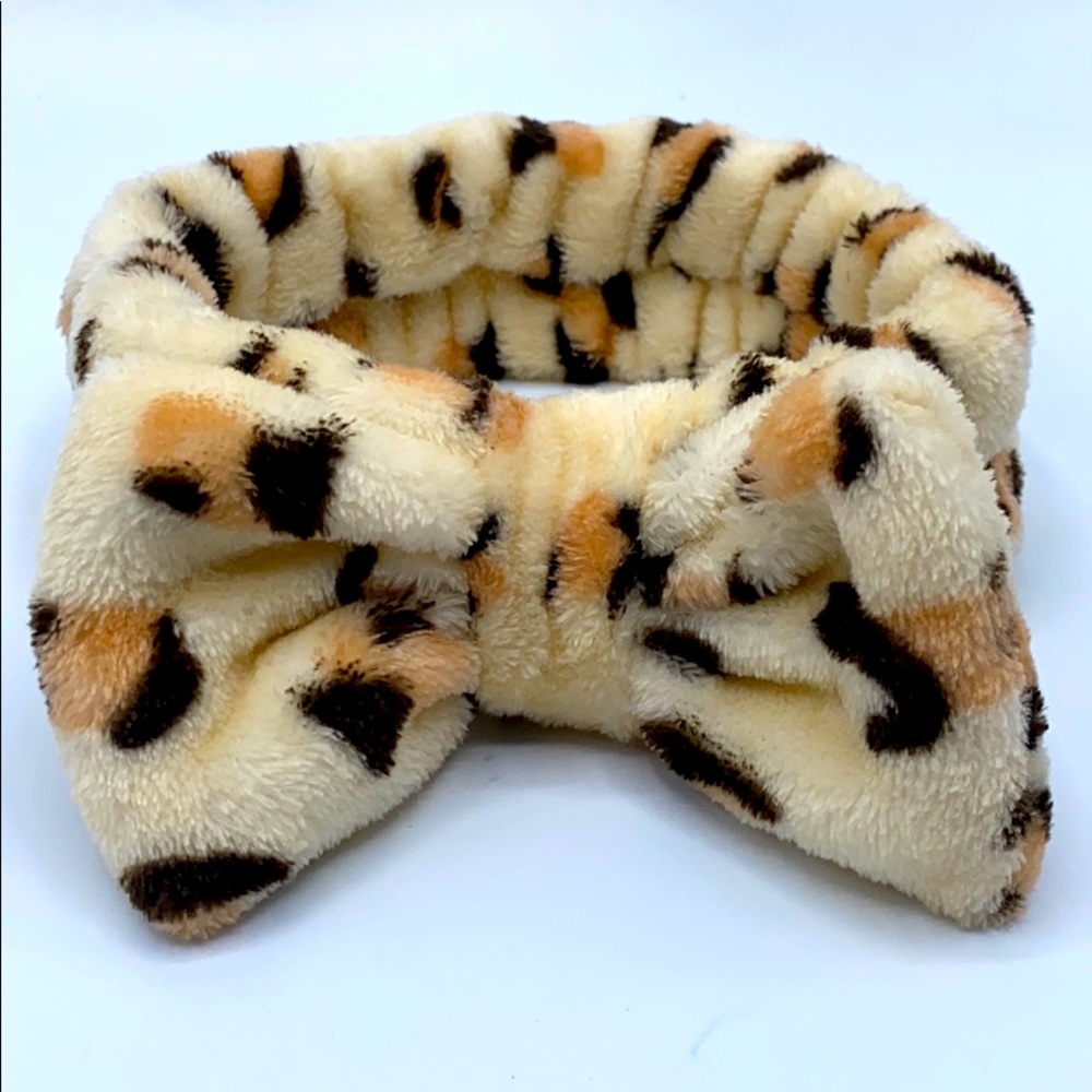 Animal print plush bow face wash headband